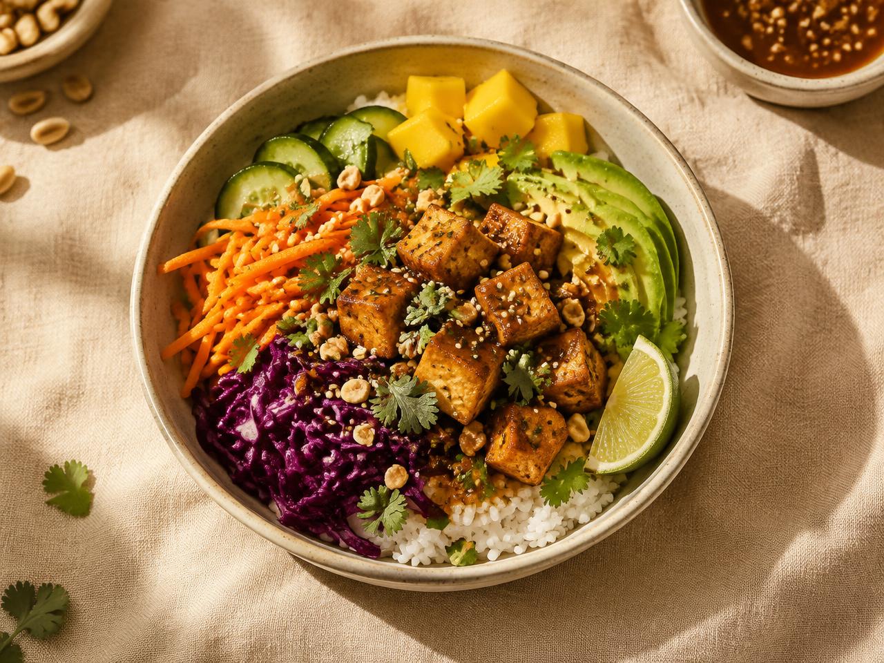Bali Noodle Bowl : nouilles de riz, crevettes sautées au gingembre, edamame, mangue, cacahuètes et sauce satay