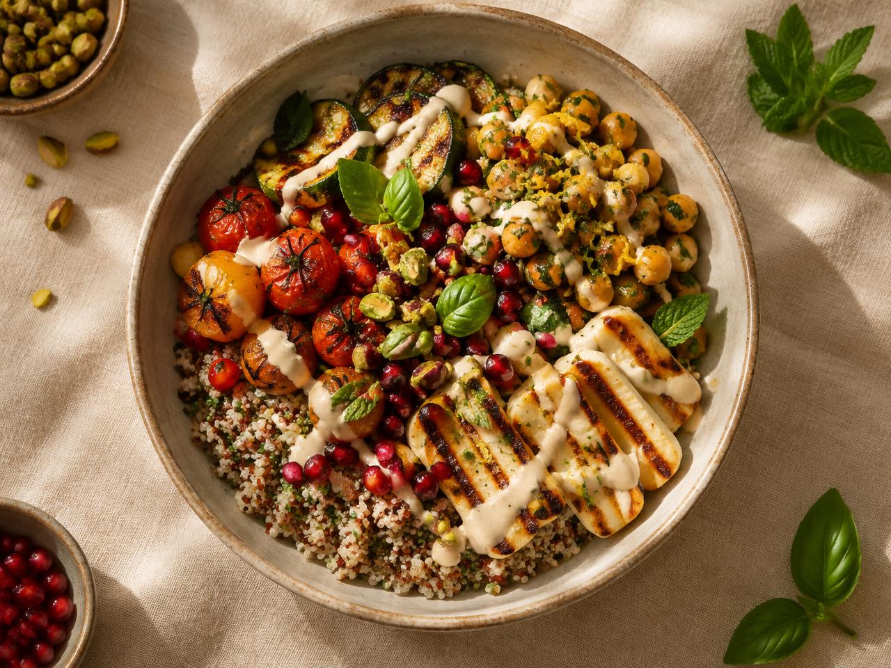 Halloumi Sunset : quinoa aux herbes, légumes grillés, halloumi, grenade, pistaches et sauce tahini