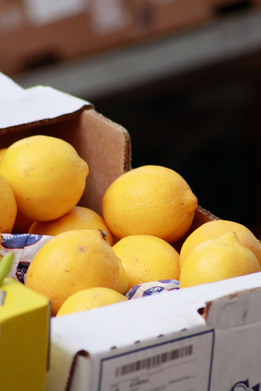 Citrons jaunes dans un carton ouvert sur un étal